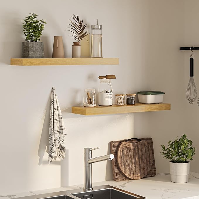 Floating Shelves for Wall, 31.5" W x 6.7" D x 1.5" H, Wooden Wall Mounted Display Shelves with Invisible Brackets for Living Room, Bedroom, Bathroom, Kitchen Decor and Storage, Set of 2, Oak