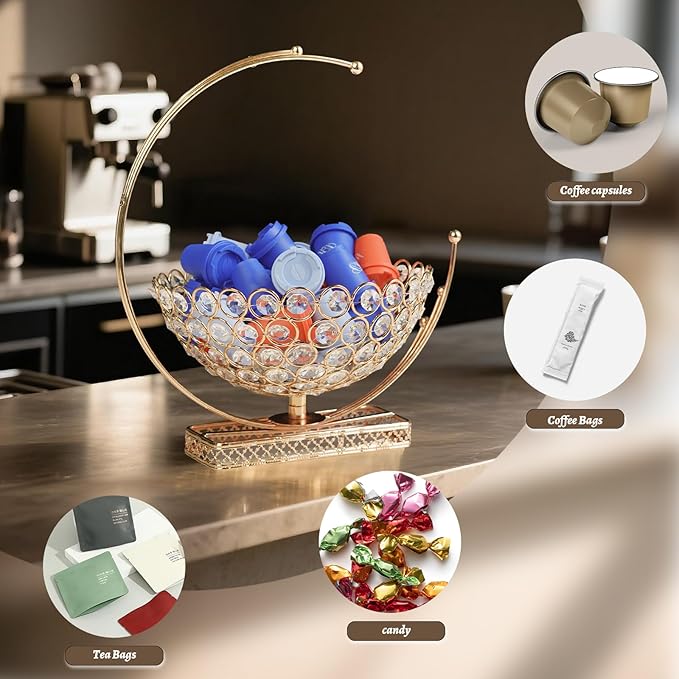 Metal & Crystal Coffee Pod Holder & Candy Basket - Elegant Multipurpose Storage Organizer for K Cups, Espresso Pods, Treats - Kitchen, Office, Home Bar (Gold, 2 PCS)