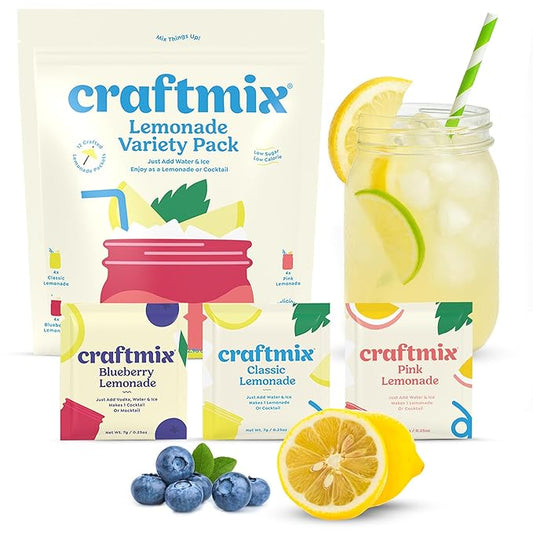 Craftmix Lemonade Variety Mix, 12 Packets, Easy Powder Drink with Real Fruit, Low-Sugar, Vegan, Low-Carb, Non-GMO, Dairy-Free, Gluten-Free, Flavored Water Enhancer, On-the-Go Water Flavoring Packets