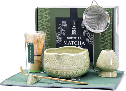 7-Piece Matcha Whisk Set – Ceramic Bowl with Spout, Bamboo Whisk & Holder, Scoop, Sifter, Tea Towel – Complete Ceremonial Tea Kit (Green)