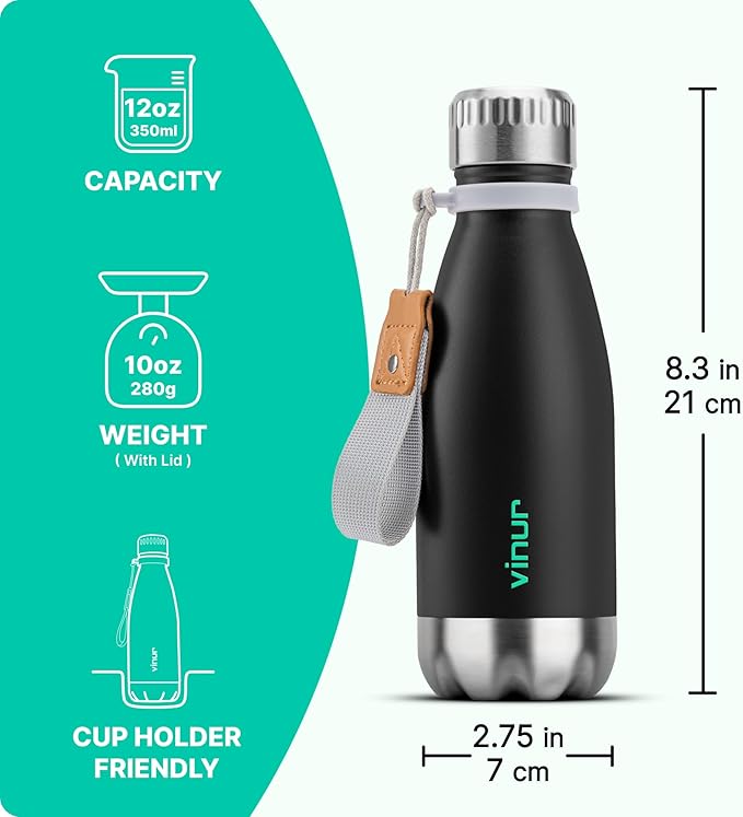 VINUR 12 oz Small Water Bottle - Kids Stainless Steel Double Wall Vacuum Insulated Water Bottle for School-Cola Shape Flask with Carry Rope(Black)