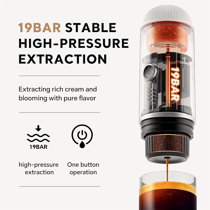 Portable Electric Espresso Machine Self-heating with USB-C, 12V 7500mAh Rechargeable Travel Coffee Maker for Camping Hiking Office Car 19 Bar Compatible with NS Capsules & Ground Coffee