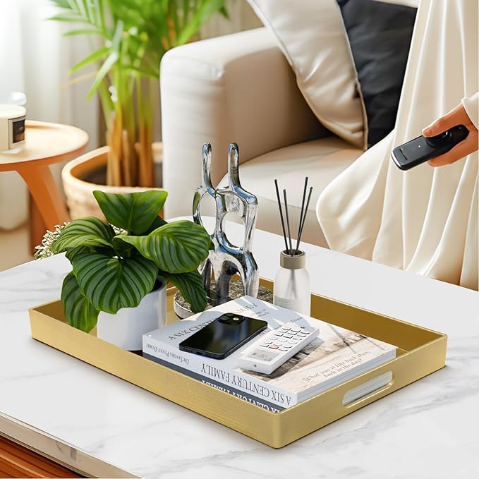 MAONAME Modern Gold Decorative Tray with Handles, Gold Leaf Serving Tray for Coffee Table, Rectangle Bathroom Decor Trays, 15.8" L x 10.2" W x 1.4" H