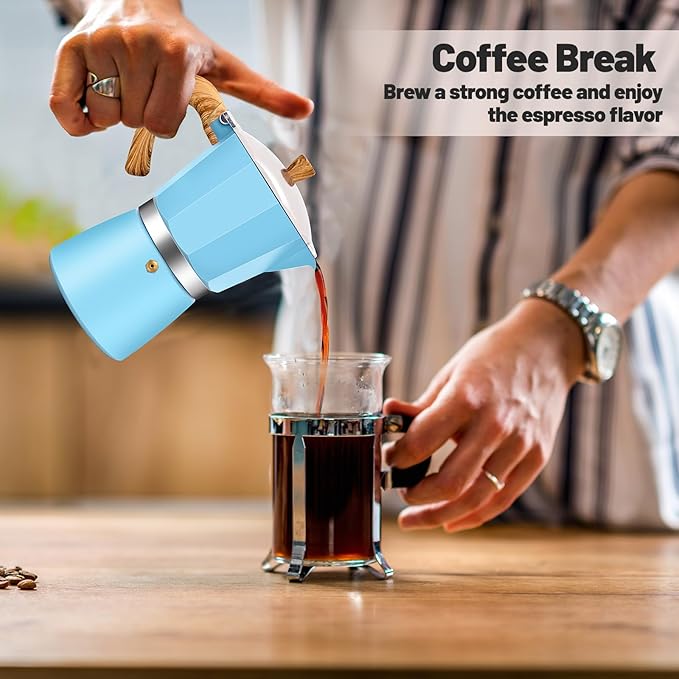 Vaolvpant 3 Cup Aluminum Moka Pot Classic Stovetop Espresso Coffee Maker 150ml 5oz Coffeemaker Percolator Mocha Pot Greca Coffee Maker Cafe Makers for Italian and Cuban Café Brewing Blue