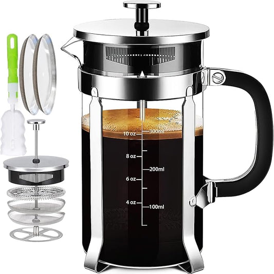 YMMIND French Press Coffee Maker 304 Stainless Steel Coffee Press,with 4 Filters System, Heat Resistant Thickness Borosilicate French Press Glass, BPA-Free Brewed Tea Pot Coffee Plunger(Copper 12oz)