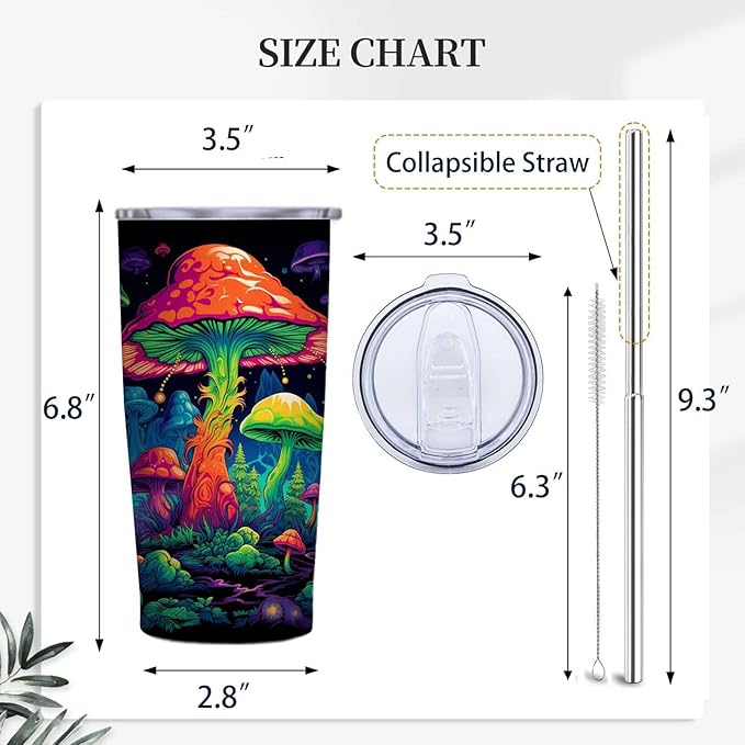 Mushroom 20 oz Tumbler, Mushroom Gifts for Women, Vacuum Insulated Stainless Steel Travel Mug with Lid, Hot & Cold Coffee Drink Cup for Home, Office and Car