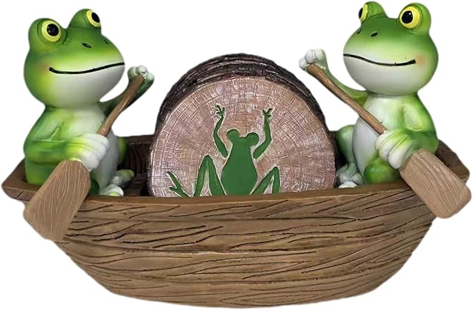 Frog Coasters Set of 6 Rustic Coasters in Handmade Canoe Drink Coffee Mug Wine Beer Bar Round Table Decorative Cute Log Cabin Decor for The Home