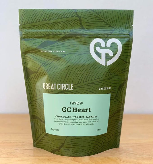 Great Circle Coffee - Organic, Fresh Whole Bean, Smooth Rich Taste, Specialty Dark Roast GC Heart Espresso Blend, Gourmet Beans, Sustainable, Single Origin from Peru, Chocolate and Toasted Caramel Notes, 12 oz Bag