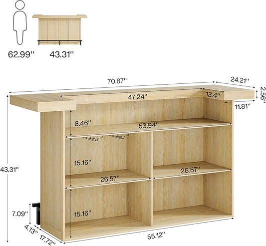 Tribesigns 4-Tier Bar Table, 70.9-Inch Large Wooden Home Bar Unit with Wine Glass Holder and Black Footrest, Pub Table with Storage Shelves for Home, Patio, Basement, Oak