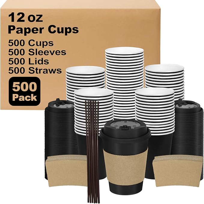 Coolcap 12 oz 500 Pack Coffee Cups with Lids and Sleeves, Straws, Hot Disposable To Go Travel Paper Cups Bulk for Office, Home Coffee Bar Accessories, Chocolate, Cocoa, Beverage (Black)