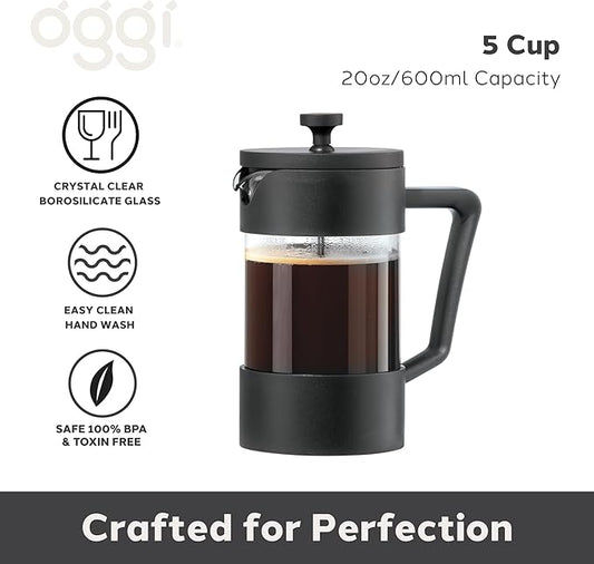 Oggi Borosilicate Glass French Press Coffee Maker (20oz)- 5 Cup Capacity, Coffee Press, Single Serve Coffee Maker, Stainless Steel Lid & Plunger, Make Great Coffee Gifts