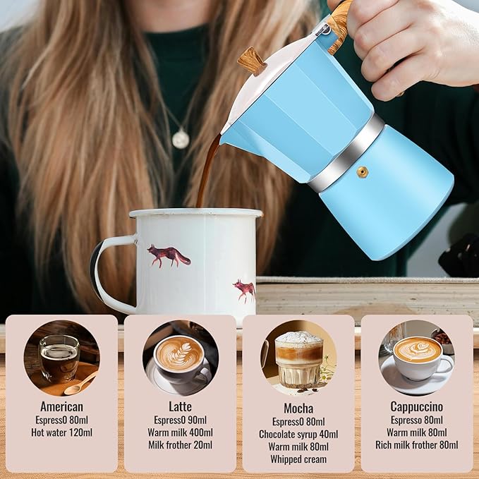 Vaolvpant 9 Cup Aluminum Moka Pot Classic Stovetop Espresso Coffee Maker 450ml 15oz Coffeemaker Percolator Mocha Pot Greca Coffee Maker Cafe Makers for Italian and Cuban Café Brewing Blue