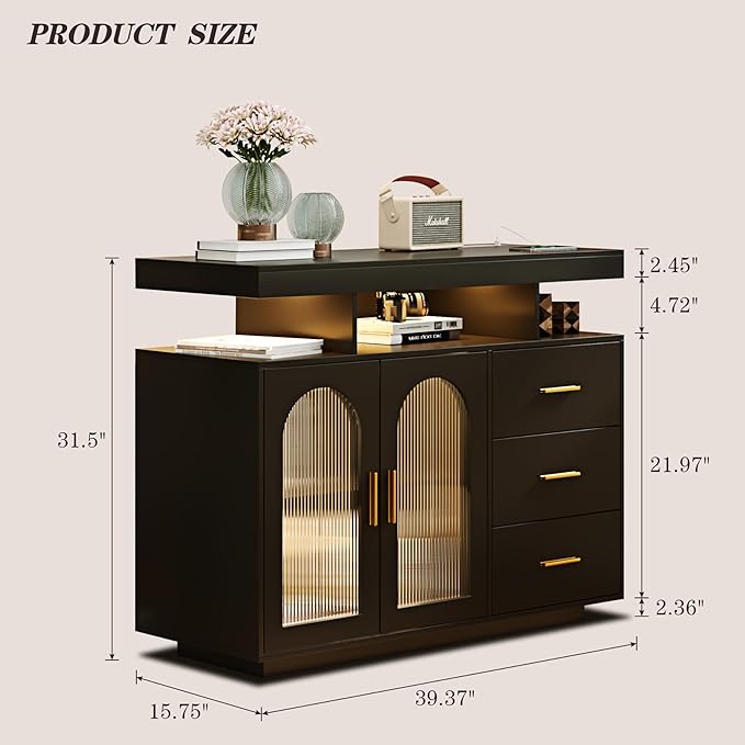 HWB RGB LED Coffee Bar Cabinet Kitchen Storage Cabinet & Sideboard Buffet Cabinets - Wood Coffee Bar Table with Shelf Capacity for Dinning Room/Living Room/Kitchen(Black)