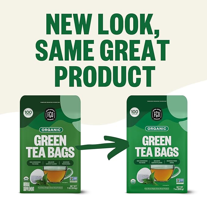FGO Organic Green Tea, 100 Count Eco-Conscious Tea Bags, Caffeinated, Resealable Pouch, Packaging May Vary (Pack of 1)