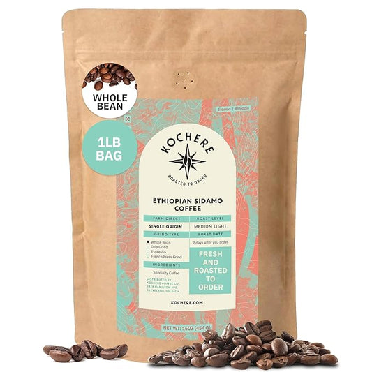 Kochere Ethiopian Sidama Whole Bean Coffee – 1LB Medium Roast – Freshly Roasted to Order – Single Origin, Farm Direct, Distinctive Fruity & Chocolate Notes