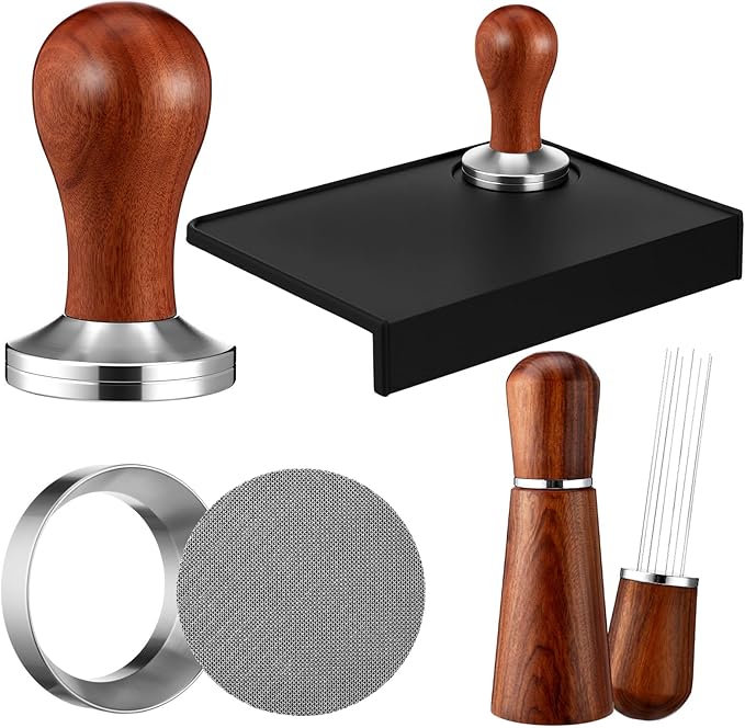 5 Pcs 51mm Espresso Accessories Kit Coffee Tamping Mat Spring Loaded Calibrated Tamper 316 Stainless Steel WDT Espresso Dosing Funnel and Puck Screen Set Coffee Stirrer for Barista