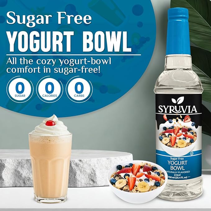 Syruvia Sugar Free Coffee Syrup, Yogurt Bowl Flavored Syrup for Drinks, Lattes and Desserts – 25.4 fl oz, With Pump