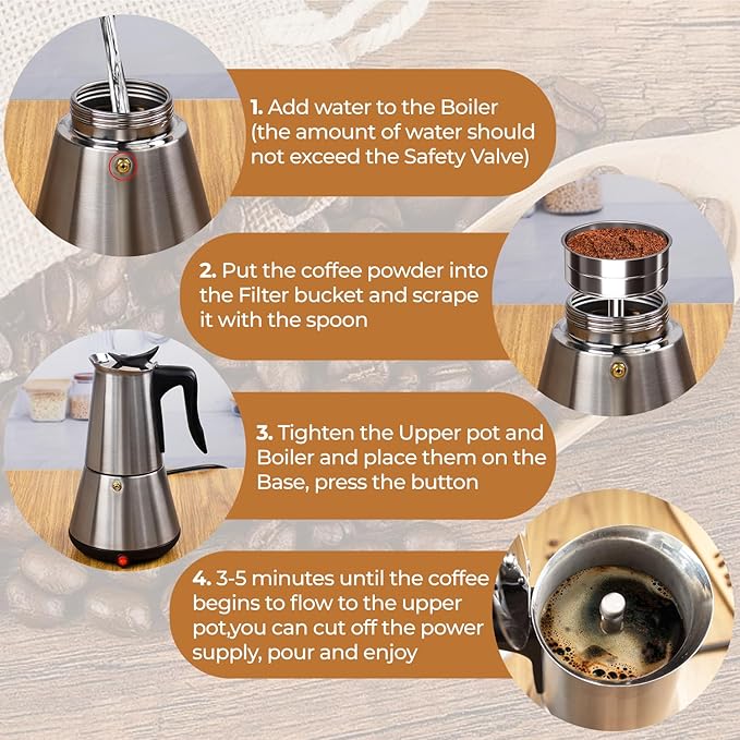 Vaolvpant Electric Stainless Steel Moka Pot 6 Cup 300ml Mocha Pot Espresso Maker with Detachable Base Ideal Coffee Maker for Home Italian and Cuban Café Coffee maker Espresso maker Coffee Pot