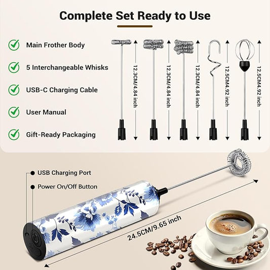 Milk Frother Handheld Rechargeable - 2-Speed Electric Whisk with 5 Detachable Heads (Frother/Mixer/Whisk) for Coffee, Latte, Cappuccino & Matcha, Drink Mixer (Flower 20)