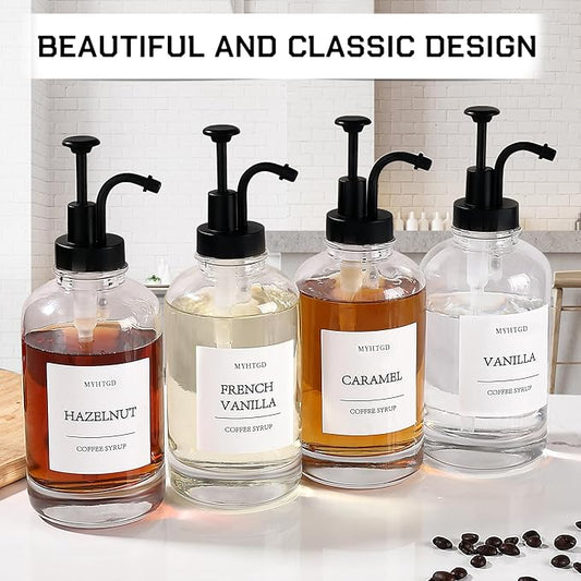 Coffee Syrup Dispenser Set – 4-Pack 16.9oz Glass Bottles with Black Pump & Labels