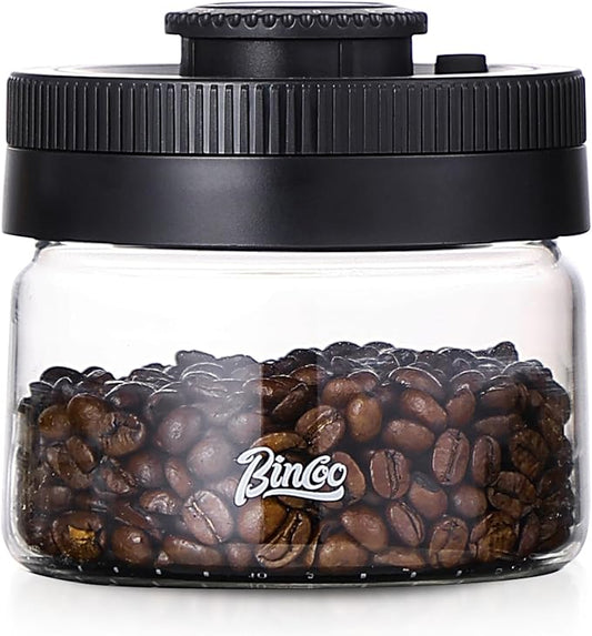 Bincoo Vacuum Sealed Coffee Canister with Time Tracker - Airtight Food Storage Container, Manual Pump Preserves Freshness for Coffee Beans, Nuts, Dry Goods, Glass Jar with Date Dial (0.4L)
