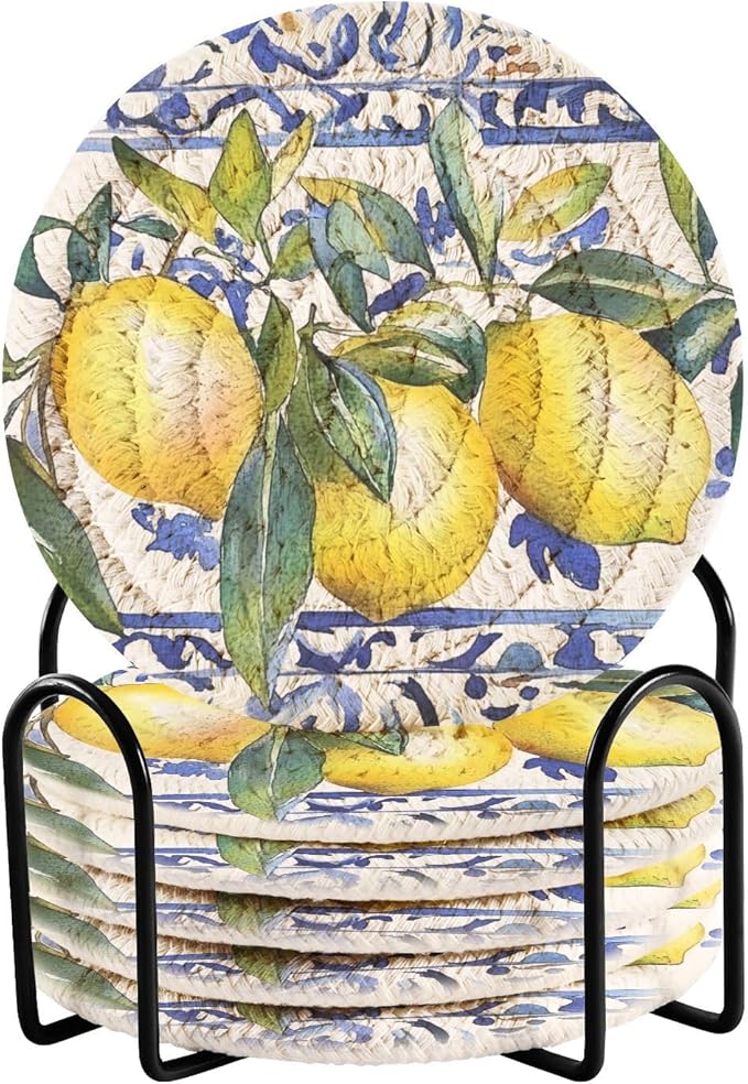 Cup Coasters for Drinks Lemon Olive Tree Italian Tile Coasters Set of 6, Absorbent Coaster with Holder Cotton Woven Coaster for Coffee Wooden Table Home Decor