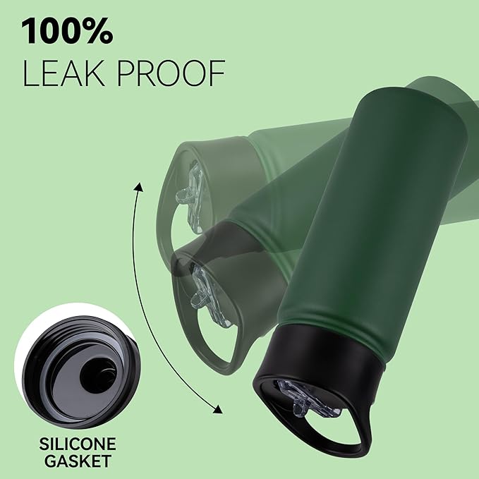 16 oz Insulated Water Bottle for School, Straw & Spout Lid, Keep Cold 24H, Spill Proof, BPA-Free, Double Wall Stainless Steel Kids Water Bottles for Sports, Gym, Travel, Dark Green
