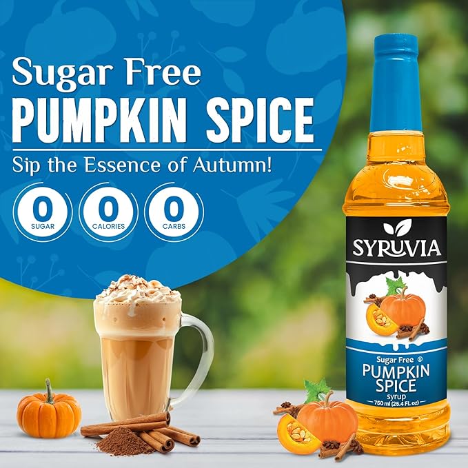 Syruvia Sugar Free Pumpkin Spice Coffee Syrup, Flavored Syrup for Drinks, Lattes, and Desserts – 25.4 fl oz, With Pump