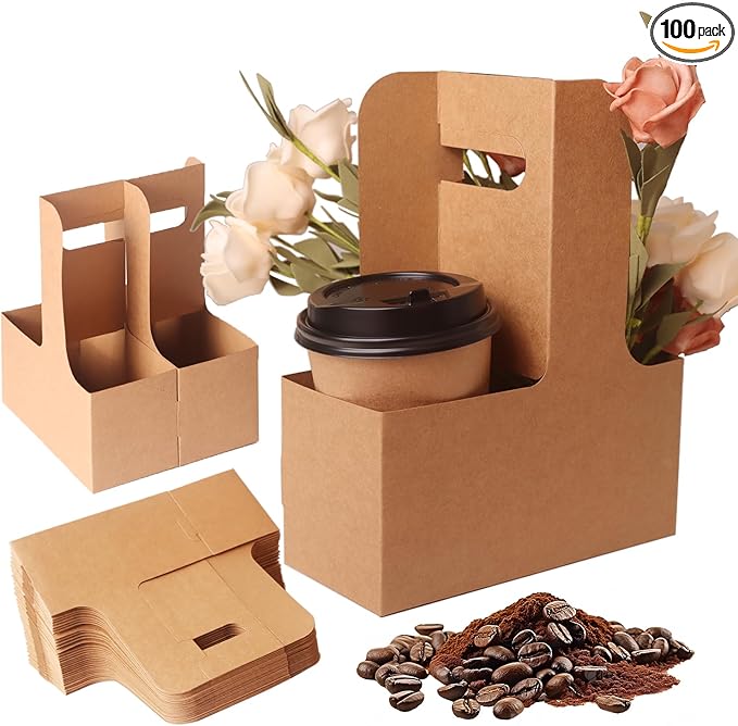 100 Pack 2-Cup/4-Cup Drink Carrier with Handle (12-30oz) | Disposable Paperboard Cup Holder | Foldable Beverage Tray for Hot/Cold Drinks, Coffee to Go, Delivery & Takeout