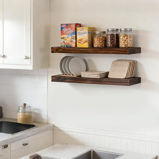 Floating Wall Shelves 24x6.8x1.7 Inch – Solid Wood Rustic Shelves in Walnut Finish – Wall Mounted Display Shelf for Bathroom, Kitchen, Bedroom – Set of 2