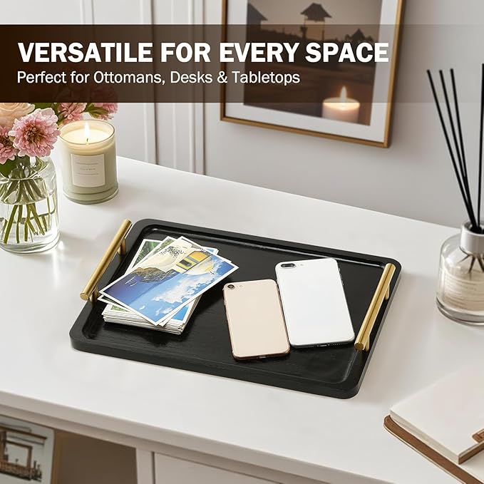PEKER Wooden Serving Tray with Metal Handles, Black Decorative Coffee Table Tray for Breakfast in Bed, Ottoman & Home Décor, Wooden Food Tray for Kitchen, Living Room & Dining Table