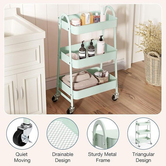 OLIXIS 3 Tier Utility Rolling Cart with Lockable Caster Wheels, Metal Mobile Storage Shelf, Organization for Livingroom, Bathroom & Narrow Places, Pale Green