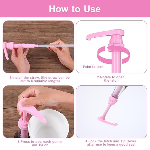 16 Pcs Coffee Syrup Pump with 16 Pcs Tubes, Pink Plastic Replacement Pumps for Bottles 750 ml - 1 L for Coffee, Flavorings, Reusable Syrup Pump Dispenser