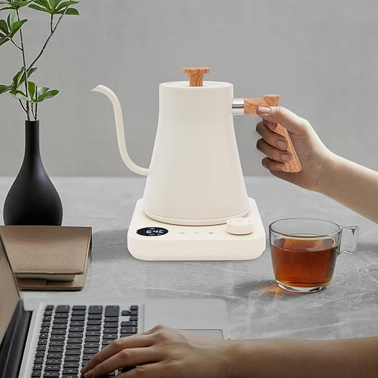 Electric Gooseneck Kettle, 1200W 0.9L Quick Heating Electric Kettles with LCD Screen Stainless Steel Inner Timing Constant Temperature Suitable for Home Offices Hotels Restaurants (White)