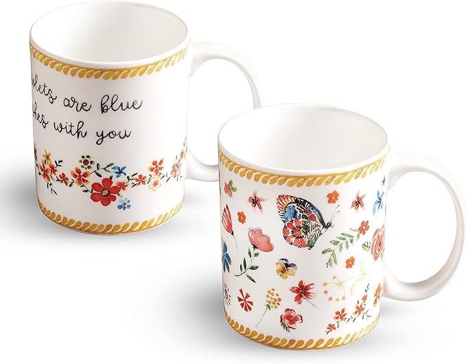 Maison d' Hermine Coffee Mug with Handles Fine Bone China Mugs Pack of Two Tea Cups for Hot Beverages Cappuccino Latte Home Restaurant Office Perfect for Gift (Happy Florals - Sweety, 15 Ounce)