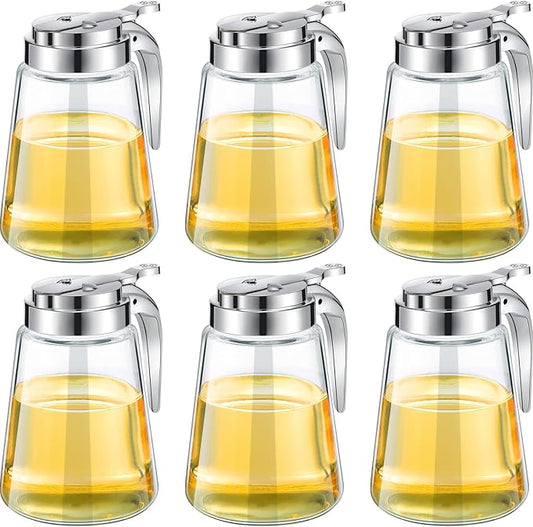 Mimorou Syrup Dispenser Set of 6 Glass Bottle Honey Maple Syrup Pitcher with Retracting Spout Plastic Lid Containers for Restaurants Sugar Pancake Coffee, 12 oz