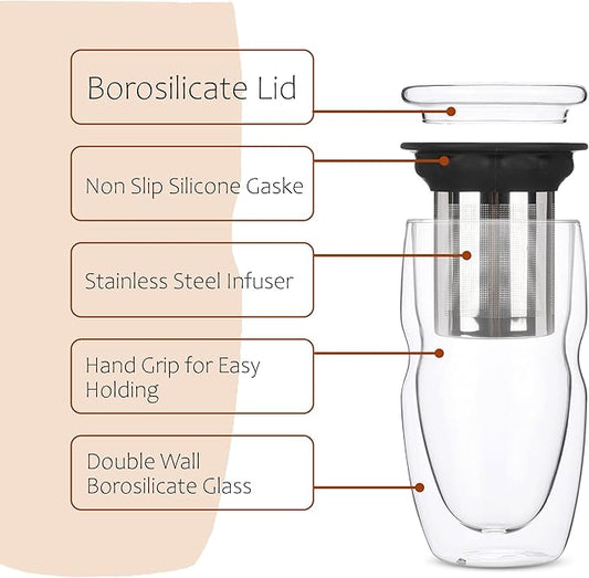 BTaT- Double Wall Glass Tea Cup With Stainless Steel Infuser and Lid, 16 oz, Borosilicate Glass Tea Mug Infuser, Gifts for Tea Lovers
