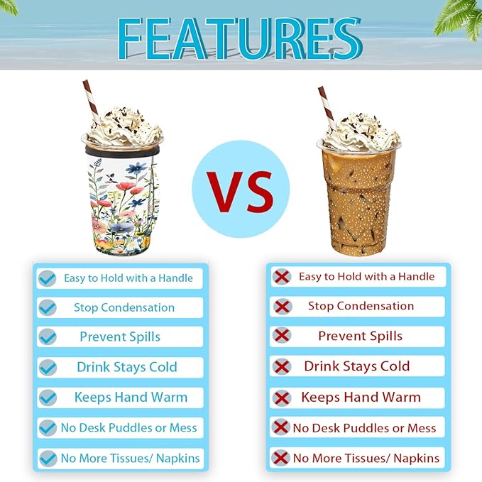 Reusable Iced Coffee Cup Sleeve Spring Flowers Neoprene Insulated Sleeves Cup Holder with handle Idea for 30oz - 32oz