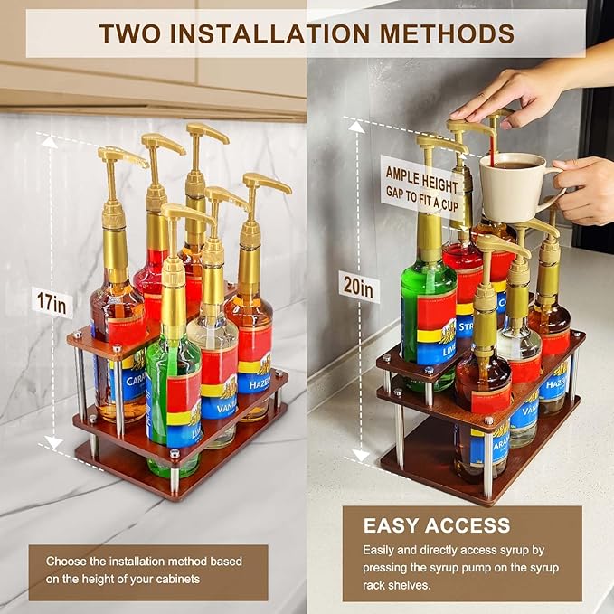 Coffee Syrup Organizer Rack,2-Tier Coffee Syrup Stand Holder for Coffee Station Countertop,6 Bottles Storage Display Shelves for Wine, Dressing Cocktail in Coffee Bar