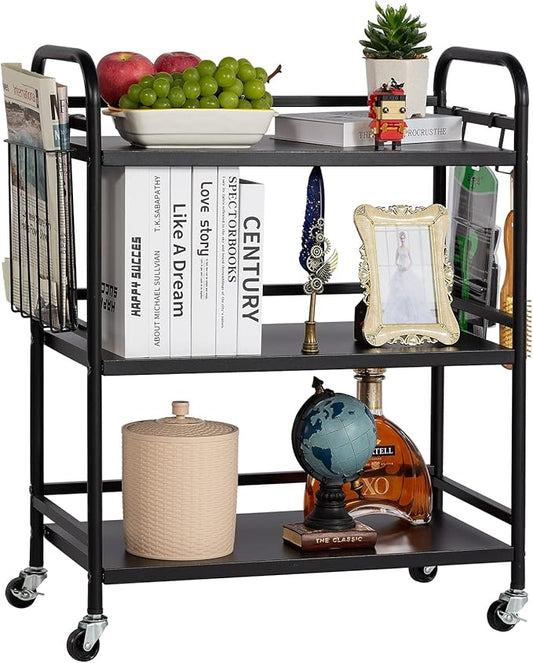 HDANI 3 Tier Metal Rolling Utility Cart,High Capacity Multi Purpose Heavy Duty Cart for Office,Kitchen,Living Room,Bedroom,Black