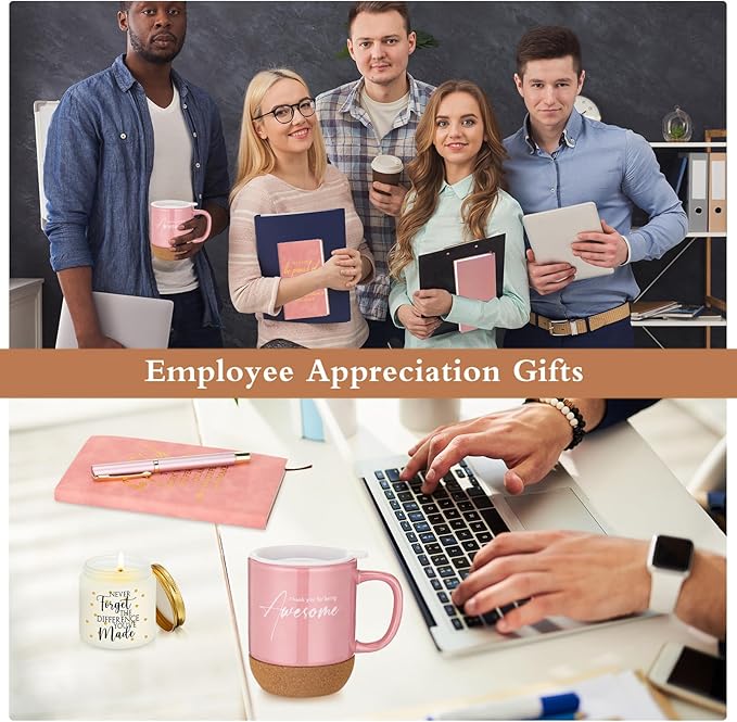 4 Pcs Thank You Gift Set for Women Men Coworker Employee Inspirational Appreciation Gifts Notebook Coffee Mug Scented Candle Pen for Valentine's Day Team Office Staff Teacher Nurse(Pink)