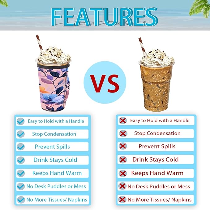 Reusable Iced Coffee Cup Sleeve Blue Flowers Leaves Neoprene Insulated Sleeves Cup Holder with handle Idea for 24oz - 28oz