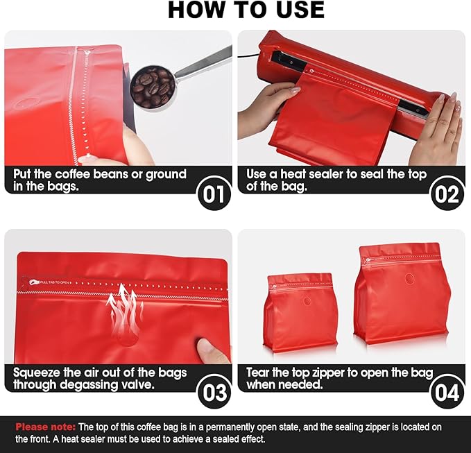 50 Count 8oz Coffee Bags with Valve,1/2 lb Vented Coffee Beans Packaging Bags High Barrier Aluminumed Foil Flat Bottom Heat Sealed Side Zipper Resealable Storage Bag for Home or Business(Red）