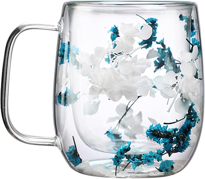 Dried Flowers Double Wall Insulated Coffee Mug, Borosilicate Glass Tea Cup with Real Flower Embedded, Heat Resistant Handle for Valentine's Day Birthday Gifts (blue,13.19oz)