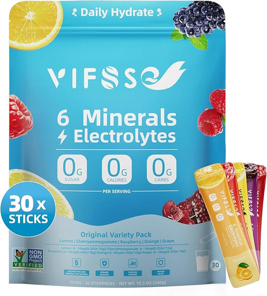 Electrolyte Powder Drink Mix - Rapid Hydration with 6 Minerals & Electrolytes, 30 Sticks, Sugar-Free Variety Packs of Lemon, Raspberry, Cherrypomegranate,Orange, Grape, for Workout & Energy Recovery