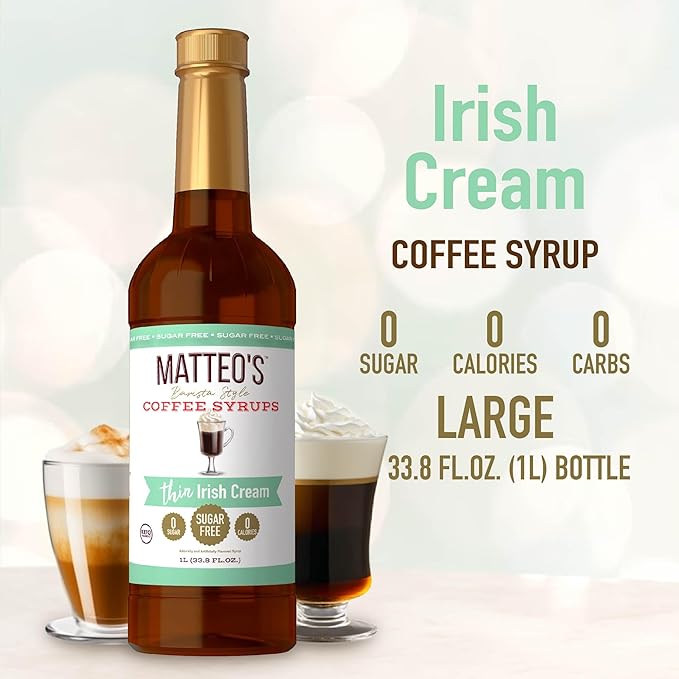 Matteo's Irish Cream Syrup for Coffee, Lattes, Cappuccinos & Desserts – Sugar-Free Sweetener for Beverages, Keto Friendly, Zero Calories, Indulgent Flavor, Non-Alcoholic, 33.8oz (1pk)