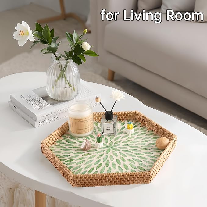 Hexagon Rattan Tray with Mother of Pearl Inlay, Rattan Serving Tray for Coffee, Bread, Fruits, Snacks, Decorative Wicker Tray for Table Decor, Home Decor (Green Leaves, 14.5"×12.8")