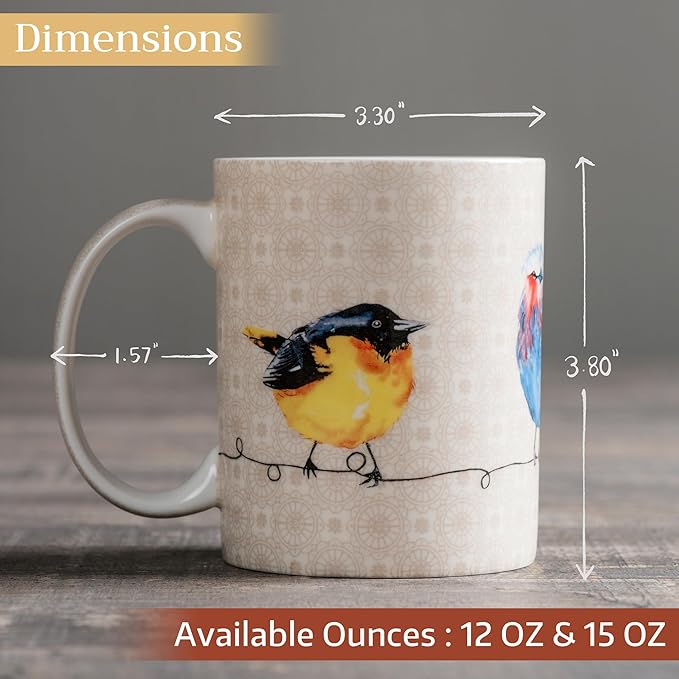 Maison d' Hermine Coffee Mug with Handles Fine Bone China Mugs Pack of One Tea Cups for Hot Beverages Cappuccino Latte Home Restaurant Office Perfect for Gift (Birdies On Wire - Nuthatch, 15 Ounce)