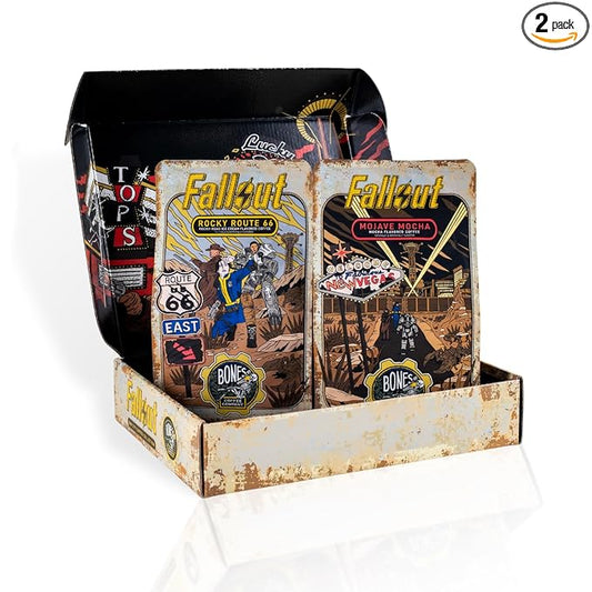 Bones Coffee Company Fallout Sin City Coffee Collector's Box, 2 Flavored Coffee Low Acid Medium Roast Arabica Beans Specialty Gifts, Auto Drip and French Press Compatible, 12 oz Pack of 2 Whole Bean