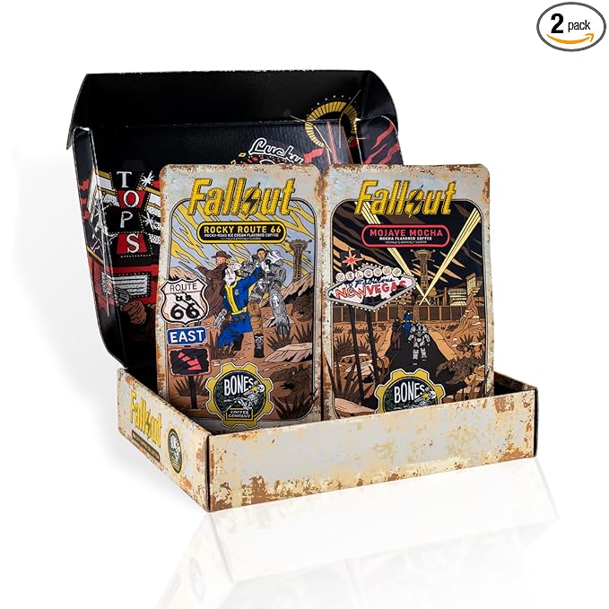 Bones Coffee Company Fallout Sin City Coffee Collector's Box, 2 Flavored Coffee Low Acid Medium Roast Arabica Beans Specialty Gifts, Auto Drip and French Press Compatible, 12 oz Pack of 2 Ground